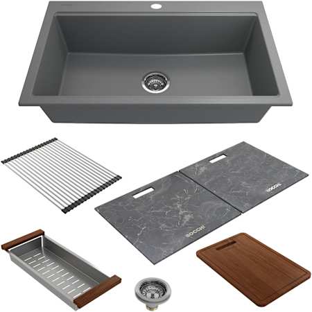 Bocchi Baveno Lux 33-3/4" Undermount Single Basin Granite Kitchen Sink with Basket Strainer, Colander, Cutting Board and Sink Covers Concrete Gray