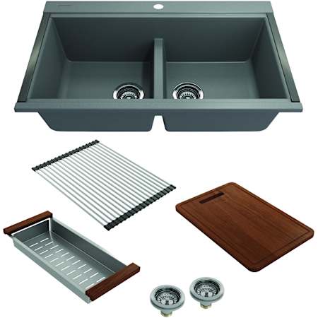 Bocchi Baveno Lux 33-3/4" Undermount Double Basin Granite Kitchen Sink with Basket Strainer, Colander and Cutting Board Concrete Gray