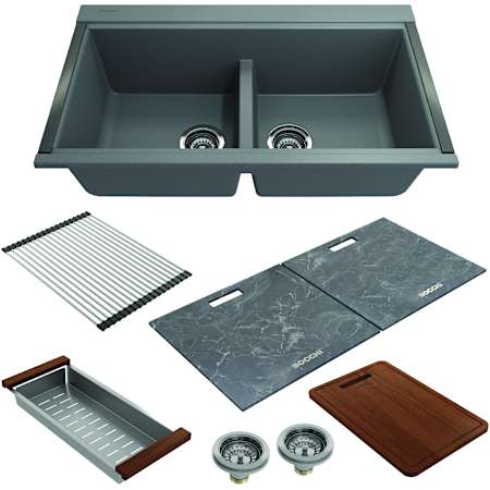 Bocchi Baveno Lux 33-3/4" Undermount Double Basin Granite Kitchen Sink with Basket Strainer, Colander, Cutting Board and Sink Covers Concrete Gray