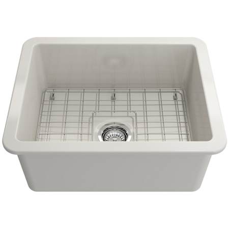 Bocchi Sotto 24" Undermount Single Basin Fireclay Kitchen Sink with Basin Rack and Basket Strainer Biscuit