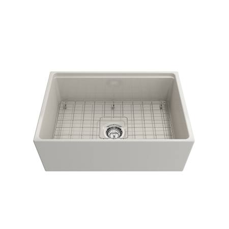 Bocchi Contempo Step-Rim 27" Farmhouse Single Basin Fireclay Kitchen Sink with Basin Rack, Basket Strainer, Colander and Cutting Board Biscuit