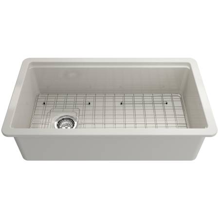 Finish: Bocchi Sotto Step-Rim 34" Undermount Single Basin Fireclay Kitchen Sink with Basin Rack, Basket Strainer, Colander and Cutting Board Biscuit