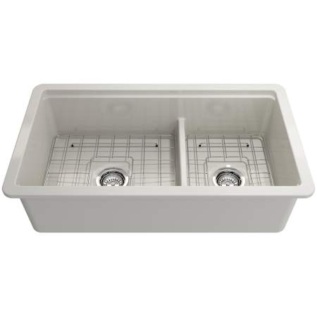 Finish: Bocchi Sotto Step-Rim 34" Undermount Double Basin Fireclay Kitchen Sink with Basin Rack, Basket Strainer, Colander and Cutting Board Biscuit
