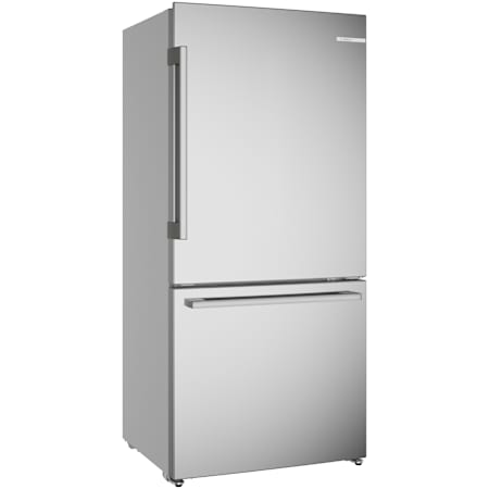 Bosch 100 Series 33 Inch Wide 17.2 Cu. Ft. Energy Star Certified Fingerprint Resistant Bottom Freezer Refrigerator Stainless Steel