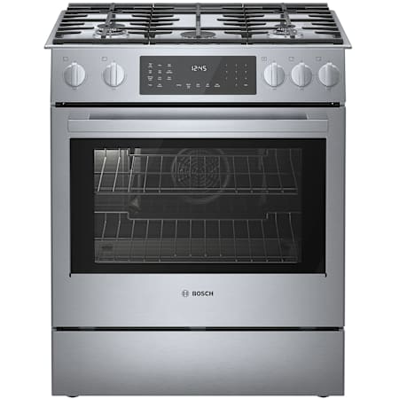Bosch 800 Series 30 Inch Wide 4.6 Cu. Ft. Slide In Dual Fuel Range with Convection Pro and 3 Racks Stainless Steel