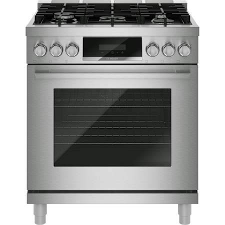 Bosch 800 Series 30 Inch Wide 4.7 Cu. Ft. Free Standing, Slide In Dual Fuel Range Stainless Steel