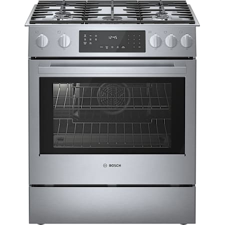 Bosch 800 Series 32 Inch Wide 4.8 Cu. Ft. Slide In Gas Range with Viewing Window and 3 Racks Stainless Steel