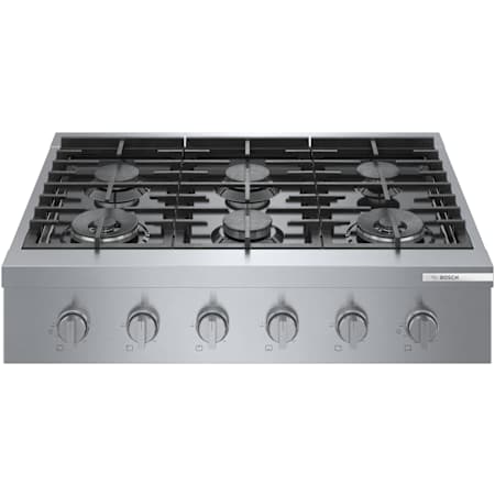 Bosch 800 Series 36 Inch Wide 6 Burner Natural Gas Rangetop with Knob Controls and OptiSim Burner Stainless Steel