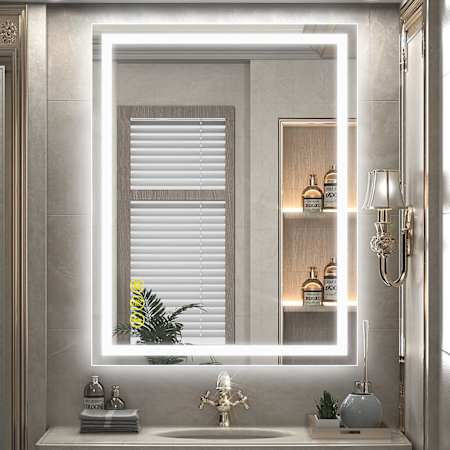 Brio Lighting Madelyn 28" W x 36" H Contemporary Rectangular Aluminum Frameless Bathroom Wall Mirror with LED Lighting N/A