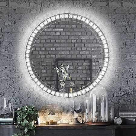 Brio Lighting Sparkle Vision 24" Diameter Circular Flat Framed Wall Mounted Bathroom Mirror with Lighting Crystal