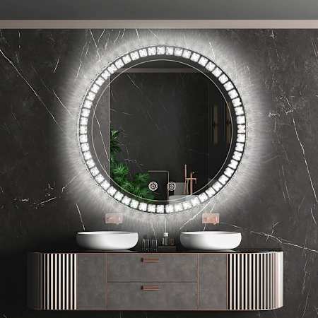 Brio Lighting Sparkle Vision 36" Diameter Circular Flat Framed Wall Mounted Bathroom Mirror with Lighting Crystal