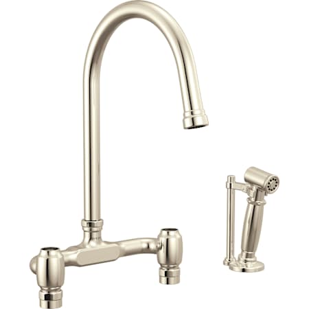 Brizo Faircroft 1.8 GPM Deck Mounted Bridge Kitchen Faucet with Arc Spout and Side Spray - Less Supply Unions and Handles Brilliance Polished Nickel