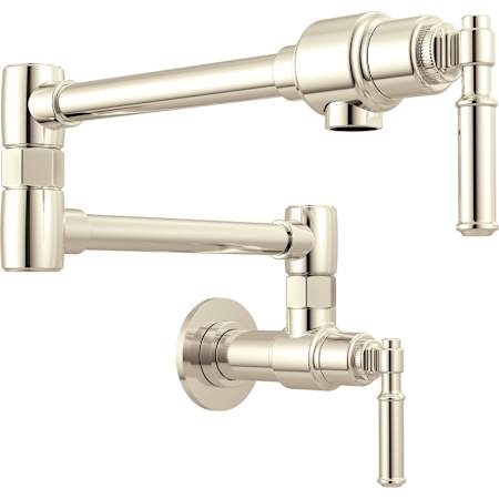 Brizo Faircroft 4 GPM Wall Mount Single Hole Pot Filler with Coin Edge Lever Handles Brilliance Polished Nickel