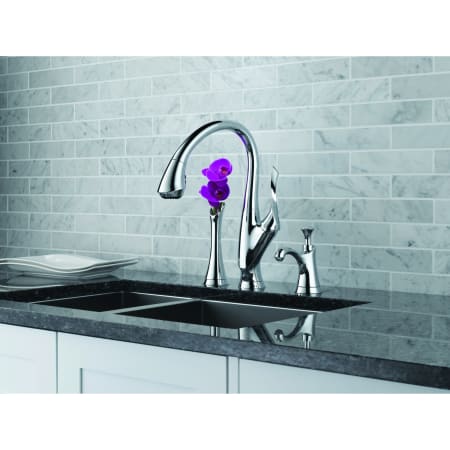 Installed Faucet with Soap Dispenser and Vase in Chrome