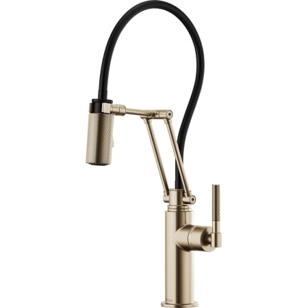 Brizo 1.8 GPM Pre-Rinse Pull-Down Kitchen Faucet with Dual Jointed Articulating Arm, Knurled Handle and Black Hose Luxe Gold