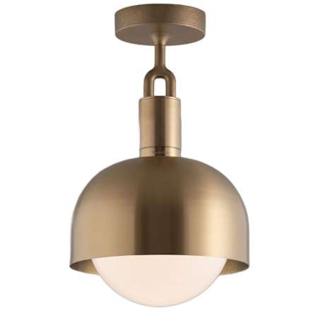 Buster + Punch Forked - Linear 10" Wide LED Luxury Modern Industrial Semi Flush Glass Globe Ceiling Light Fixture with Dome Metal Shade - Man Cave Lighting Brass / Opal