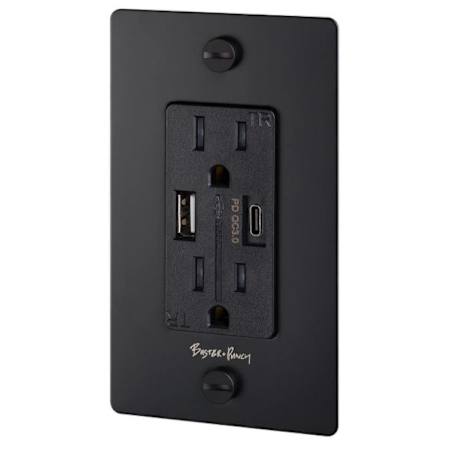 Buster + Punch Luxury Designer 15 Amp Single 1 Gang Duplex Electrical Power Outlet with USB A and USB C Charging Ports with Wall Plate, Coin Detail Screws and Buster + Punch Insignia Black