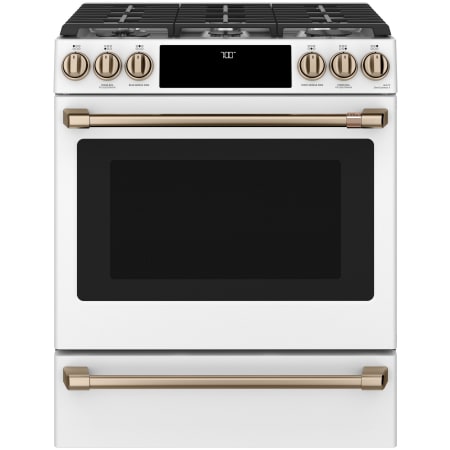 Cafe 30 Inch Wide 5.6 Cu. Ft. Slide In Gas Range with Griddle and Convection Matte White / Brushed Bronze