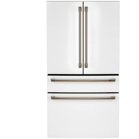 Cafe ENERGY STAR 23.2 Cu. Ft. Smart Counter-Depth 4-Door French-Door Refrigerator With Dual-Dispense AutoFill Pitcher Matte White / Brushed Bronze