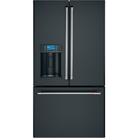 Cafe 36 Inch Wide 22.2 Cu. Ft. Counter Depth French Door Refrigerator with Turbo Cool and Hot Water Dispenser Matte Black / Brushed Stainless