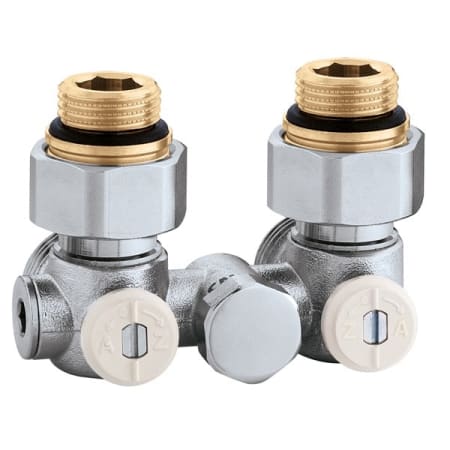Caleffi One-pipe Angled Panel Radiators Valve, 1/2" BSP Straight (Radiator) x 3/4" BSP Conical (Pipe) - With Bypass Stainless Steel
