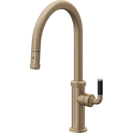 California Faucets Descanso 1.8 GPM Single Hole Pull Down High Spout Kitchen Faucet with Carbon Fiber Lever Handle With High Arc Spout Antique Brass Flat