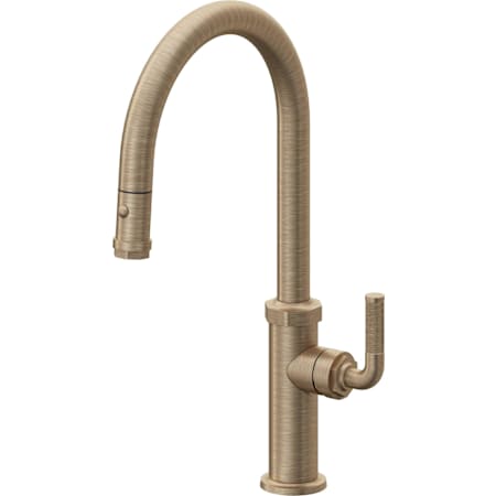 California Faucets Descanso 1.8 GPM Single Hole Pull Down High Spout Kitchen Faucet with Knurled Lever Handle With High Arc Spout Antique Brass Flat