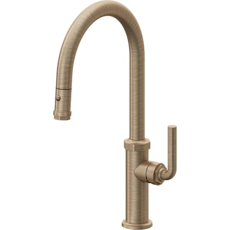 California Faucets Descanso 1.8 GPM Single Hole Pull Down High Spout Kitchen Faucet with Lever Handle With High Arc Spout Antique Brass Flat
