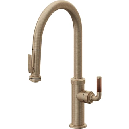 California Faucets Descanso 1.8 GPM Single Hole Pull Down Kitchen Faucet with High Arc Spout, Squeeze Lever Spray Head, and Teak Lever Handle Antique Brass Flat