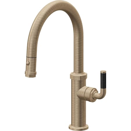 California Faucets Descanso 1.8 GPM Single Hole Pull Down Low Spout Kitchen Faucet with Carbon Fiber Lever Handle Antique Brass Flat