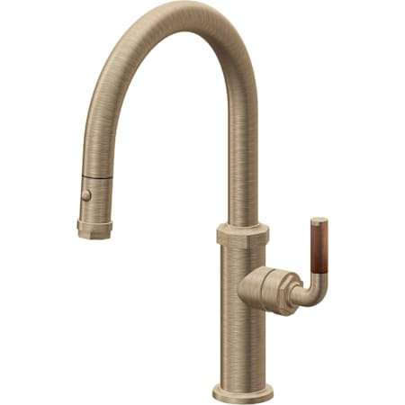 California Faucets Descanso 1.8 GPM Single Hole Pull Down Kitchen Faucet with Low Arc Spout, Button Spray Head, and Teak Lever Handle Antique Brass Flat