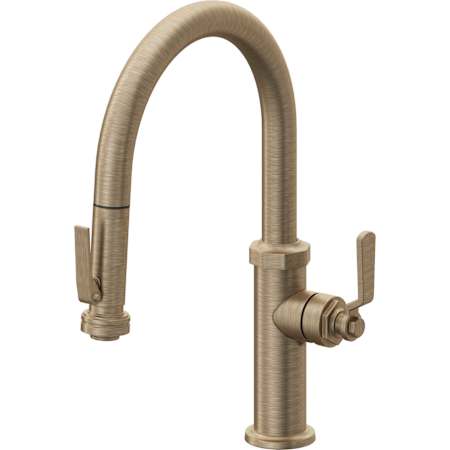 California Faucets Descanso Works 1.8 GPM Single Hole Pre-Rinse Pull Down Kitchen Faucet - Includes Escutcheon Antique Brass Flat