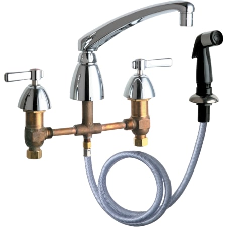 Chicago Faucets Commercial Grade Kitchen Faucet with Lever Handles and Side Spray - 8" Faucet Centers Chrome