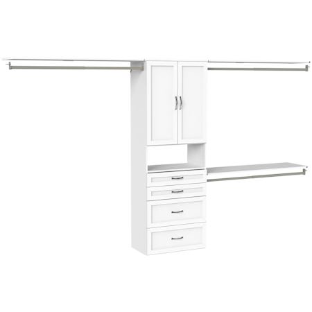 ClosetMaid SuiteSymphony 5 to 10 Foot Wide Closet System with Two Hanging Rods, Cabinet Doors, 4 Drawers, Adjustable Shelves, and Shoe Shelf White