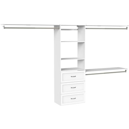 ClosetMaid SuiteSymphony 5 to 10 Foot Wide Closet System with Two Hanging Rods, 3 Drawers, Adjustable Shelves, and Shoe Shelf White