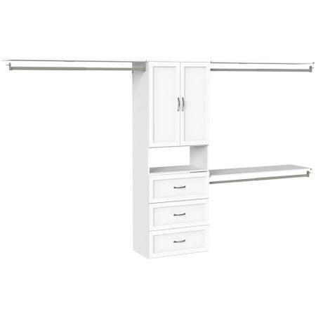 ClosetMaid SuiteSymphony 5 to 10 Foot Wide Closet System with Two Hanging Rods, Cabinet Doors, and 3 Drawers White