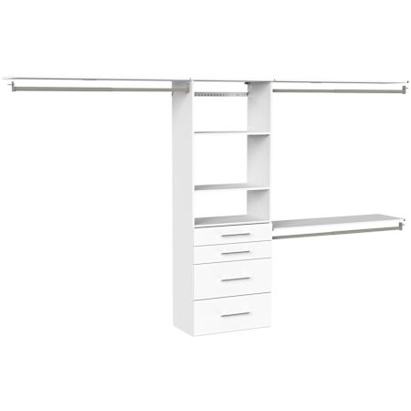 ClosetMaid SuiteSymphony 5 to 10 Foot Wide Closet System with Two Hanging Rods, 4 Drawers, Adjustable Shelves, and Shoe Shelf White