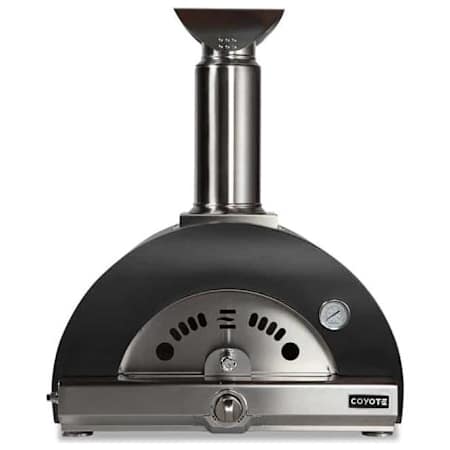 Coyote 30 Inch Natural Gas or Wood Hybrid Freestanding Pizza Oven with Temperature Gauge and Thermoshift Chimney System Black