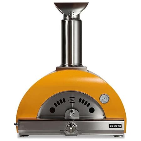 Coyote 30 Inch Liquid Propane or Wood Hybrid Freestanding Pizza Oven with Temperature Gauge and Thermoshift Chimney System Yellow