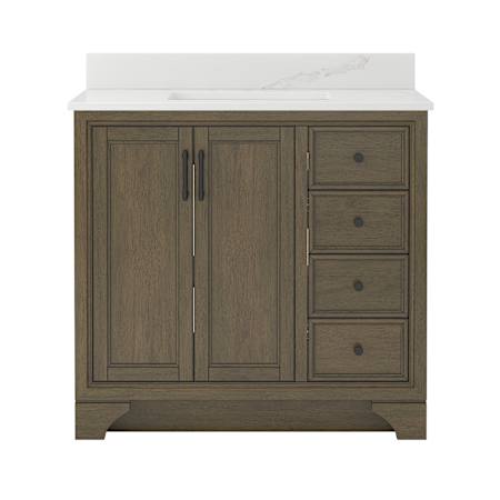 CRAFT + MAIN Lanagan 37" Free Standing Single Basin Vanity Set with Cabinet and Calacatta Bianco Quartz Vanity Top Shaded Timber