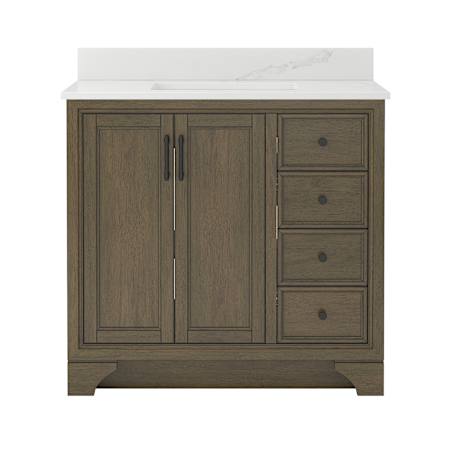 CRAFT + MAIN Lanagan 36" Free Standing Single Basin Vanity Set with Cabinet and Calacatta Bianco Quartz Vanity Top with Single Faucet Hole Shaded Timber