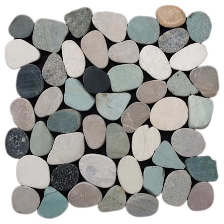 Cruz Bay Studio Sliced Pebble - 11" x 11" Pebble and Rock Floor and Wall Tile - Honed, Matte Visual - Sold by Carton (9.62 SF/Carton) Black / Green / Tan Natural