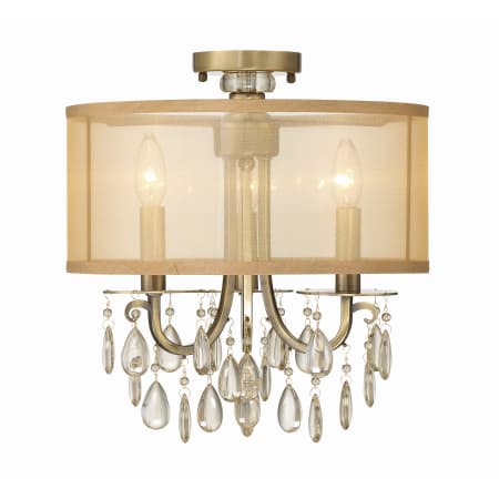 Crystorama Lighting Group Hampton 3 Light 14" Wide Semi-Flush Drum Ceiling Fixture with Silk Shade and Teardrop Crystal Accents Antique Brass