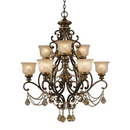 Crystorama Lighting Group Norwalk 9 Light 34" Wide Crystal Chandelier with Patterned Glass Shades and Golden Teak Hand Cut Crystal Accents Bronze Umber