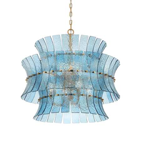 Crystorama Lighting Group Abigail 8 Light 28" Wide Waterfall Chandelier with Blue Glass Shade Aged Brass