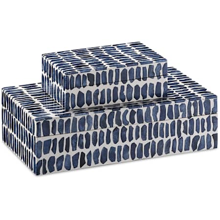Currey and Company Set of (2) Indigo Bone and Wood Decorative Boxes Navy / White / Natural