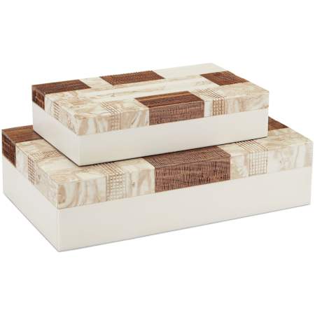 Currey and Company Set of (2) 1940s Decorative Boxes with Fabric Lid Marble / Brown / Ivory / Natural