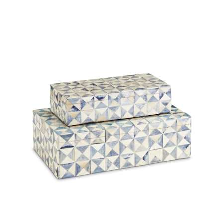 Currey and Company Sky Blue 2" Tall Bone, Wood Boxes - Set of 2 Blue / White