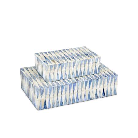 Currey and Company Nadene 2-1/2" Tall Bone, Linen Boxes - Set of 2 Blue / White