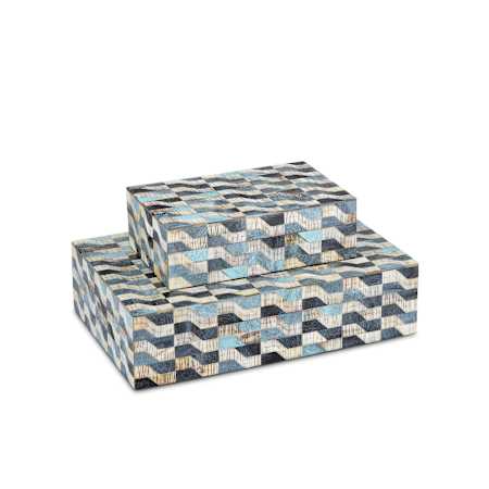 Currey and Company Ezra 2-1/2" Tall Bone, Horn, Linen Boxes - Set of 2 Blue / Natural